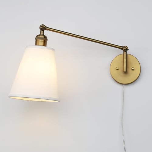 Retro Swing Arm Wall Sconce Plug in Wall Lamp Single Sconce Light Fixture with White Fabric Shade for Bedroom Living Room Home Office - color: Antique Gold