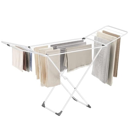 SONGMICS Clothes Drying Rack, Metal Laundry Drying Rack, Foldable, Space-Saving, Free-Standing Airer, with 2 Gullwings, Indoor Outdoor Use, Bed Linen Clothing, White ULLR540W01 - color: White, style: 2 Gullwings（19.7"D)