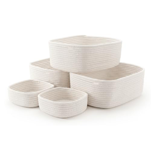 5-Pack Large Woven Rope Storage Baskets, 2 Sizes Organizer Bins | Fabric Cube Boxes and Rectangular Shallow Bins for Closet, Shelf, Bookshelf, Nursery, Changing Table, Bathroom, Toys & Home - color: white, size: 3pcs-14.96*11.02*5.11'' & 2pcs-7.08*7.08*2.