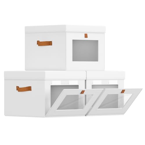 Storage Bins with Lid – Closet Organizer with Side Opening and Clear Window, Foldable Stackable Fabric Basket for Clothes, Home, Office - 13.77" x 11.8" x 9.8", 3 Pack, White - color: White, size: 13.7 Inch-3 Pack