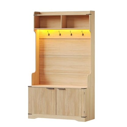 Maupvit 67" Modern Fluted Hall Tree with Storage Bench, LED Lights, Oak | 5-in-1 Entryway Bench with Coat Rack, 4 Hooks, Adjustable Shelves & Flip Drawers, Mudroom Furniture Organizer to Hide Clutter