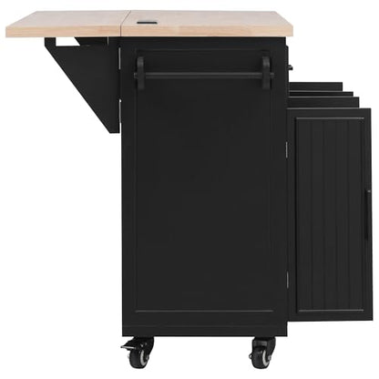 56.5'' Kitchen Island with Drop Leaf, Power Outlet, Embossed Vertical Stripe Rolling Kitchen Cart on Wheels with Deep Drawers and Adjustable Shelves (Black/D) - color: Black/D)