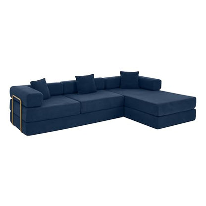 HANXIN 108 Inch Convertible Sleeper Sofa Bed, Folding Floor Mattress Couch with Fixed-Shape Frame, Futon Boneless Couch Lounge Loveseat with Pull Out Bed, No Assembly Required (Blue) - color: Blue, size: 108" L-Shaped Sofa Bed