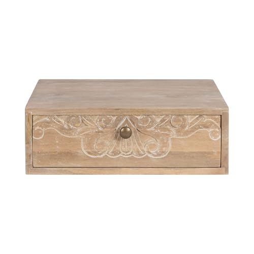 Kate and Laurel Mirza Transitional Carved Wood Floating Side Table, 18 x 12 x 6, Natural Wood, Mounted Solid Wood Wall Shelf with Drawer for Storage