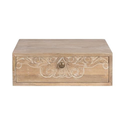 Kate and Laurel Mirza Transitional Carved Wood Floating Side Table, 18 x 12 x 6, Natural Wood, Mounted Solid Wood Wall Shelf with Drawer for Storage