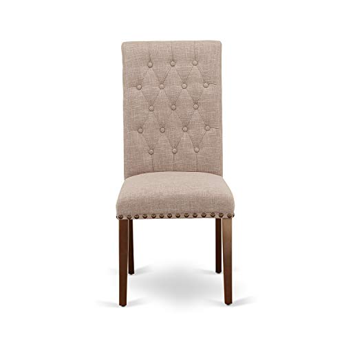 East West Furniture DLBR3-MAH-04 3 Piece Dining Room Furniture Set Contains a Round Dining Table with Dropleaf and 2 Light Tan Linen Fabric Parsons Chairs, 42x42 Inch, Mahogany - color: Dlbr3-mah-04