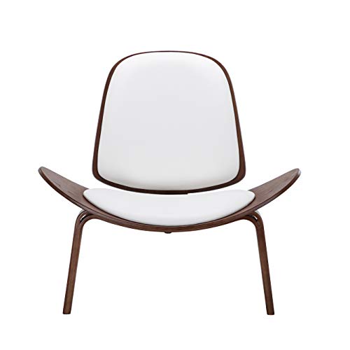 Belleze Mid-Century Modern Shell Side Accent Tripod Plywood Lounge Chair Walnut Upholstered Faux Leather, White - color: White, size: 1 Chair