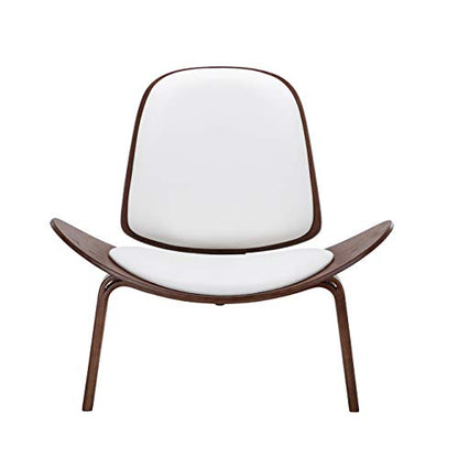Belleze Mid-Century Modern Shell Side Accent Tripod Plywood Lounge Chair Walnut Upholstered Faux Leather, White - color: White, size: 1 Chair