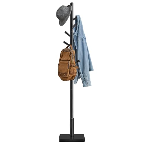 VASAGLE Solid Wood Coat Rack, Free Standing Hall Coat Tree with 8 Hooks, 3 Height Options, for Coats, Hats, Bags, Purses, for Entryway, Hallway, Rubberwood Hooks and Pole, Ink Black URCR010B01 - color: Ink Black, style: Square Base + Cylindrical Hooks