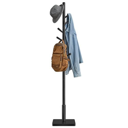 VASAGLE Solid Wood Coat Rack, Free Standing Hall Coat Tree with 8 Hooks, 3 Height Options, for Coats, Hats, Bags, Purses, for Entryway, Hallway, Rubberwood Hooks and Pole, Ink Black URCR010B01 - color: Ink Black, style: Square Base + Cylindrical Hooks