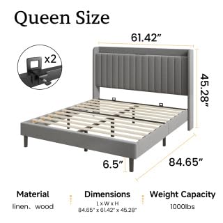 Queen Linen Bed Frame with Storage Headboard & Charging Station | Vertical Channel Tufted, Mattress Non-slip Design, No Box Spring Needed, Noise-Free, Easy Assembly, Sturdy, Wingback - color: Grey, size: Queen