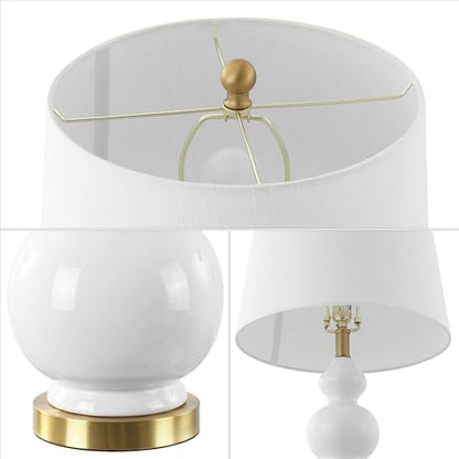 JONATHAN Y Bowen 27.5" Ceramic Triple Gourd Table Lamp, White/Brass Gold | Contemporary, White Linen Drum Shade, Modern Transitional Style, Metal Base, LED Bulb Included - color: White
