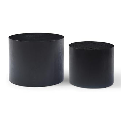 Nesting Coffee Table Set of 2, Modern Round Coffee Table with Non-Slip Feet, Wooden Circle Accent Tables for Small Spaces Living Room Bedroom Balcony Office Drum Side Table (Black) - color: Black