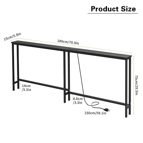 VASMIA 70.9 Inch Narrow Console Table with Outlet,Bamboo Sofa Table,Behind Couch Table,Skinny Hallway Table for Entryway Living Room,Foyer,Black - color: Black, size: 5.91"D x 70.87"W x 29.52"H