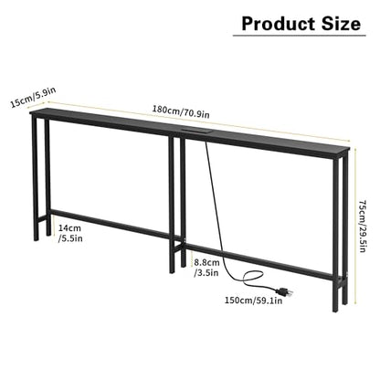 VASMIA 70.9 Inch Narrow Console Table with Outlet,Bamboo Sofa Table,Behind Couch Table,Skinny Hallway Table for Entryway Living Room,Foyer,Black - color: Black, size: 5.91"D x 70.87"W x 29.52"H