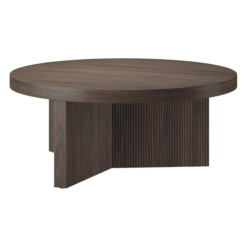 Henn&Hart 36" Scandinavian Fluted Coffee Table, Rich Brown | Ribbed pedestal base and low profile bring Scandinavian style to small spaces including living rooms or family rooms - color: Rich Brown, size: 36 inches