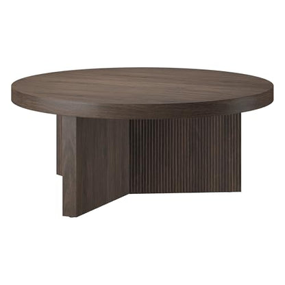 Henn&Hart 36" Scandinavian Fluted Coffee Table, Rich Brown | Ribbed pedestal base and low profile bring Scandinavian style to small spaces including living rooms or family rooms - color: Rich Brown, size: 36 inches