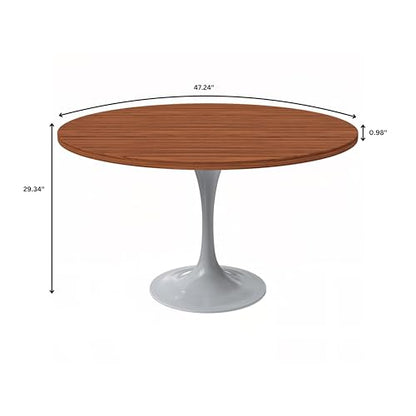 LeisureMod Verve Mid-Century Modern Dining Table with a 48" Round MDF Tabletop and White Steel Pedestal Base for Kitchen and Dining Room (Cognac Brown) - color: Cognac Brown Wood, size: 48 inch Wide