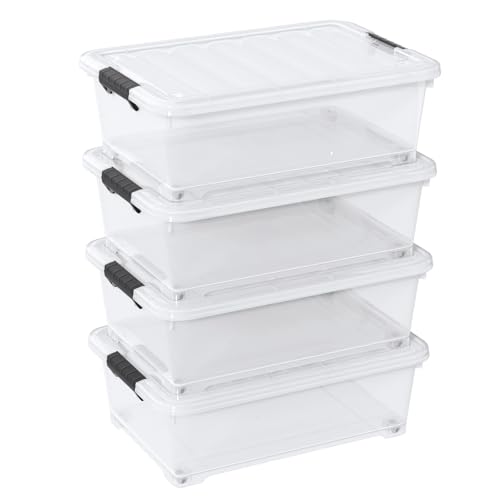 20 Quart Stackable Plastic Underbed Storage Bins with Lid, 4-Pack | Clear Flat Underbed Storage Containers Boxes with Wheels - size: 20 Quart
