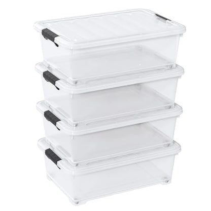 20 Quart Stackable Plastic Underbed Storage Bins with Lid, 4-Pack | Clear Flat Underbed Storage Containers Boxes with Wheels - size: 20 Quart