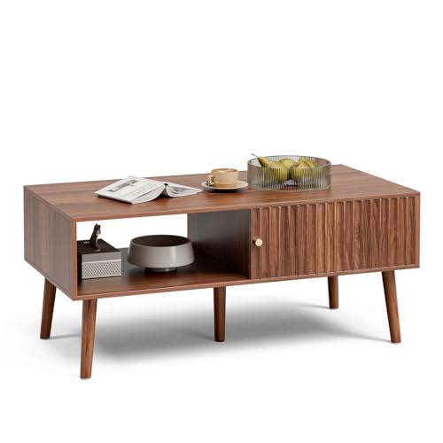 LCRBOL Coffee Table with Fluted Sliding Door, Mid-Century, Walnut | 39.3"L x 19.7"W x 17.1"H, double-sided sliding door & open shelf (7.5" clearance), golden knob, 5 tapered legs - color: Walnut(lsj012-wa)