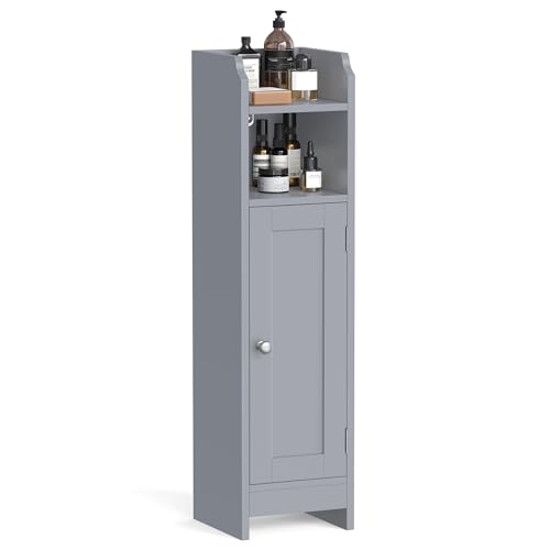 VASAGLE Small Storage Corner Floor Cabinet with Door,Dove Gray | Narrow Toilet Paper Storage Holder, 7.1 x 7.5 x 31.5 Inches, Adjustable Shelves, SIREN Collection UBBC310P36 - color: Dove Gray, style: 1door+1open compartment (31.5"H)
