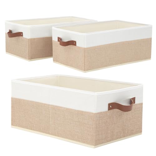 Closet Organizer Bins 3 Pack, Large Storage Bins for Shelves | Foldable Closet Storage Boxes Baskets with Leather Handles for Organizing Clothes, Sheets, Jeans, Toys, Books（Begie） - style: 3 Pack Begie & White