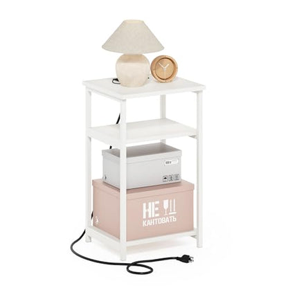 3-Tier Metal Frame End Table, Bedside Table with Charging Station, Night Stand with USB and Type-C Charging Port, Side Table, for Bedroom, Living Room, White