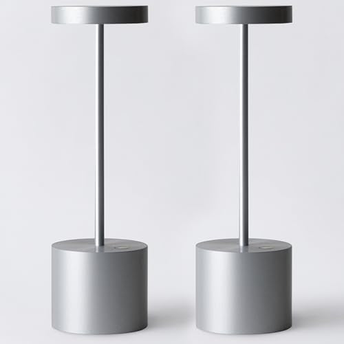 Rechargeable Cordless Table Lamp, Battery Operated LED Lamps | 3-Color Stepless Dimmable, Portable IP54 Waterproof Outdoor Lamps for Patio Dining Bar Home Office (2-Pack Silver) - color: 2-Pack Silver