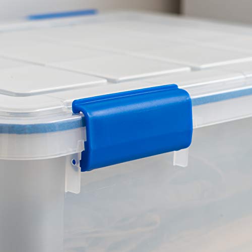 IRIS USA 3-Pack 26.5 Qt Storage Bins with Gasket Lids, Clear/Blue | WeatherPro seal protects everyday essentials in closets, offices and laundry rooms - size: 27 Qt. - 3 Pack