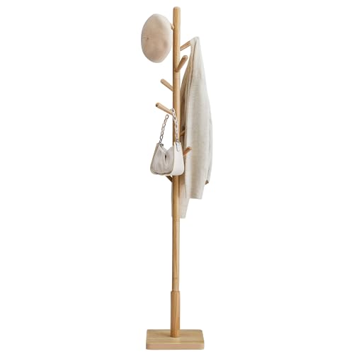 VASAGLE Solid Wood Coat Rack, Free Standing Hall Coat Tree with 8 Hooks, 3 Height Options, for Coats, Hats, Bags, Purses, for Entryway, Hallway, Rubberwood Hooks and Pole, Natural Beige URCR010N01 - color: Natural Beige, style: Square Base + Cylindrical H