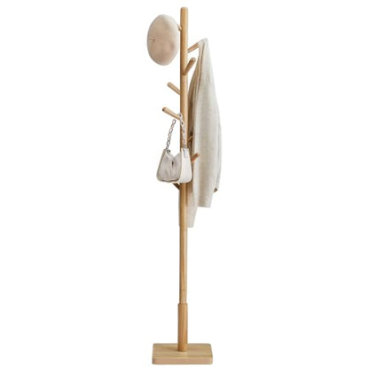 VASAGLE Solid Wood Coat Rack, Free Standing Hall Coat Tree with 8 Hooks, 3 Height Options, for Coats, Hats, Bags, Purses, for Entryway, Hallway, Rubberwood Hooks and Pole, Natural Beige URCR010N01 - color: Natural Beige, style: Square Base + Cylindrical H