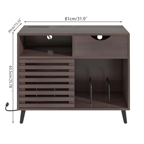 Record Player Stand, Vinyl Record Cabinet Holds Up to 200 Albums | Vinyl Storage Cabinet with Power Outlet, Turntable Stand Table with Fluted Sliding Door, Living Room(Walnut)