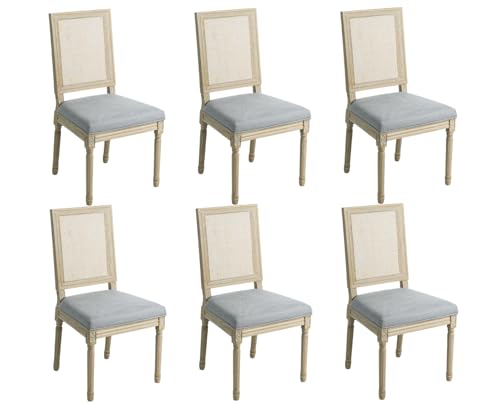 Kmax Farmhouse Dining Room Chairs, Fabric French Distressed Bedroom Chairs with Rectangle Rattan Back, Elegant Tufted Kitchen Chairs, Set of 6, Grey, Solid Wood Frame - color: Brown Wash/Rattan Grey, size: 6 Chairs