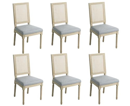 Kmax Farmhouse Dining Room Chairs, Fabric French Distressed Bedroom Chairs with Rectangle Rattan Back, Elegant Tufted Kitchen Chairs, Set of 6, Grey, Solid Wood Frame - color: Brown Wash/Rattan Grey, size: 6 Chairs