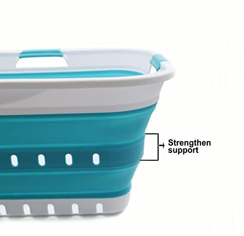 SAMMART 42L (11 gallon) Collapsible Plastic Laundry Basket - Foldable Pop Up Storage Container/Organizer - Portable Basket - Space Saving Hamper/Basket (2, White/Bright Blue) - color: White/Bright Blue