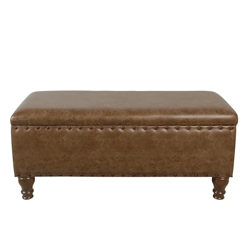 Homepop Home Decor | Upholstered Bench with Nailhead Trim | Large Faux Leather Ottoman with Storage for Living Room & Bedroom | Decorative Home Furniture, Brown Faux Leather - color: Espresso