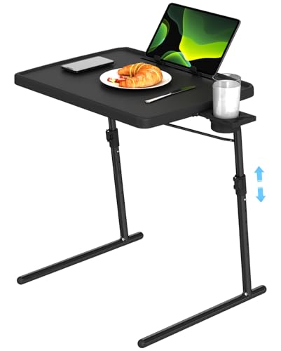 TV Tray Table, XL PRO TV Dinner Tables, 16.9 x 22 x 29.1inch Folding Desk with Cup Holder and Tablet Slot, Adjustable Couch Desk with 6 Height & 3 Tilt Angle Adjustments, Laptop Desks, Black