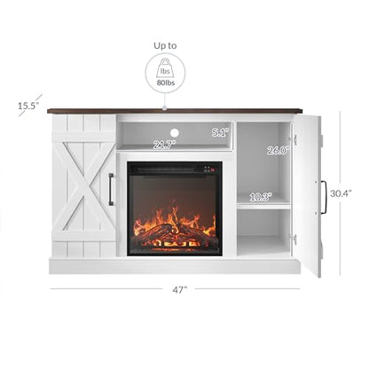 BELLEZE 47" TV Stand with 18" Electric Fireplace Heater & Media Entertainment Center Console Table for TV up to 50" with Open Storage Shelves & Cabinets - Veropeso (White) - color: White, style: 47" TV Stand/W 18" Fireplace