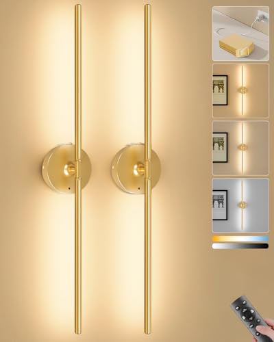 Battery Operated Wall Sconces Set of 2, 8000mAh Wireless Rechargeable 3000-6000K Dimmable 350° Rotate Wall Light with Remote for Living Room, Bedroom 31.6in Gold - color: Gold, size: 31.6in-Round Base