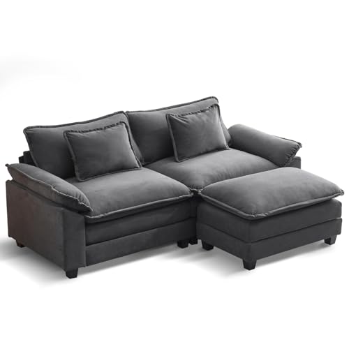 86" Modular Sectional Sofa, Comfy Deep Cloud Couch with Ottoman | L-Shaped Couches for Living Room, Modular Couch, Deep and Wide Seat, Velvet Sofa Sleeper with Throw Pillows, Blue Grey - color: Blue Gray, size: 86 Inch L