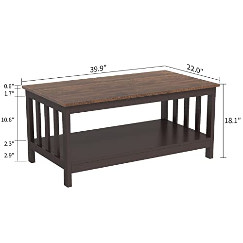 ChooChoo Farmhouse Coffee Table, Espresso Living Room Table with Shelf, 40 Inch - color: Pure Espresso, size: 22"D x 39.9"W x 18.1"H