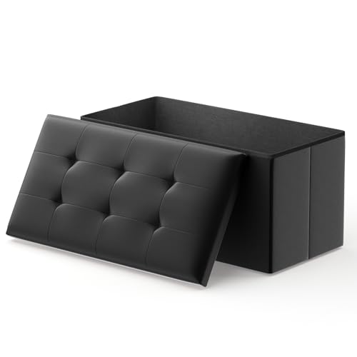 30 Inch Storage Ottoman Bench, 24 Gal. Folding Ottoman Footrest, End of Bed Bench, Rectangle Foot Stool, Supports 600 lbs, for Bedroom, Living Room, Entryway, Hallway, Black - color: Black, size: 15"D x 30"W x 14.5"H
