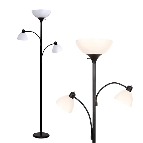 Brightech Sky Dome Double LED Floor Lamp, Torchiere Super Bright Floor Lamp with 2 Reading Lamps for Living Rooms & Offices - Dimmable Tall Standing Lamp for Bedroom Reading - Tall Black Pole - color: Jet Black