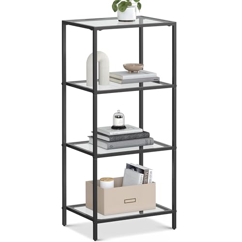 VASAGLE Bookcase, 4-Tier Bookshelf, Slim Shelving Unit for Bedroom, Bathroom, Home Office, Tempered Glass, Steel Frame, Ink Black ULGT028B61 - color: Ink Black, size: 4 Tiers (15.7"W x 37.4"H)