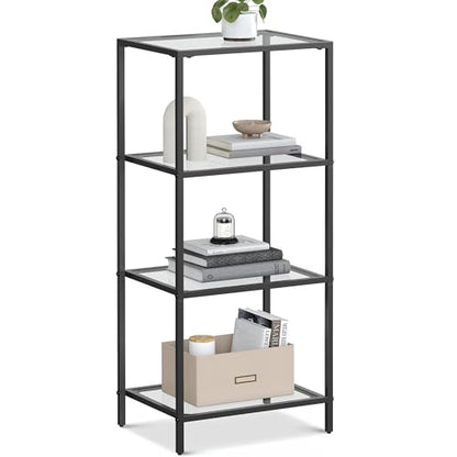 VASAGLE Bookcase, 4-Tier Bookshelf, Slim Shelving Unit for Bedroom, Bathroom, Home Office, Tempered Glass, Steel Frame, Ink Black ULGT028B61 - color: Ink Black, size: 4 Tiers (15.7"W x 37.4"H)