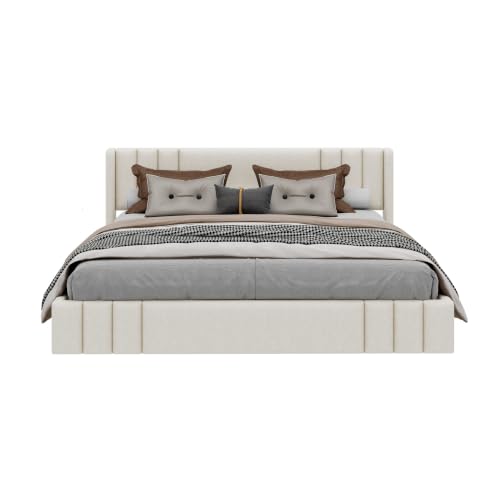 VilroCaz King Size Linen Upholstered Platform Bed Frame with Thick Fabric Headboard, No Box Spring Needed (Beige-6.17, King) - color: Beige-6.17, size: King