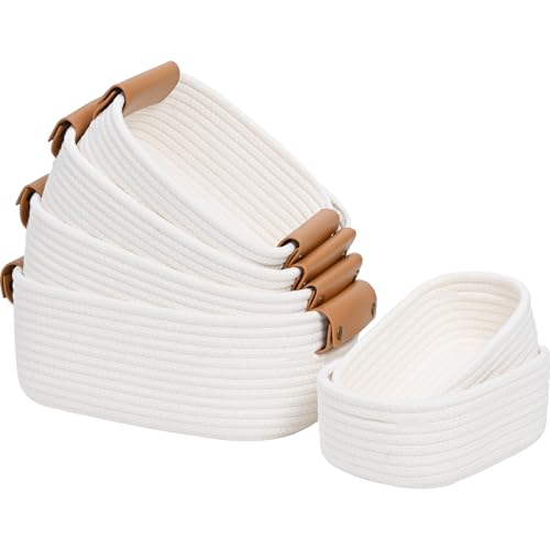 Storage Baskets for Organizing, Small Woven Basket Set of 6-4 Shelf Basket with Leather Handle and 2 Small Gift Baskets, Cotton Rope Basket for Shelves, Nursery, Dog Toy, Bathroom - color: White
