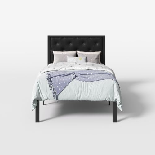 SHA CERLIN Twin Size Metal Bed Frame with PU Tufted Headboard, Black | Modern Design Heavy-Duty Platform Bed, No Box Spring Need, PU Leather Upholstery, Noise Free, Easy Assembly - color: Black, size: Twin