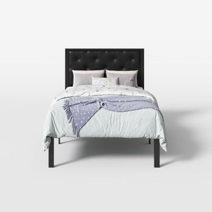 SHA CERLIN Twin Size Metal Bed Frame with PU Tufted Headboard, Black | Modern Design Heavy-Duty Platform Bed, No Box Spring Need, PU Leather Upholstery, Noise Free, Easy Assembly - color: Black, size: Twin